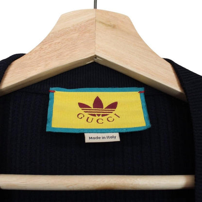 Gucci x Adidas navy blue cardigan jumper with logo detailing and soft viscose material.