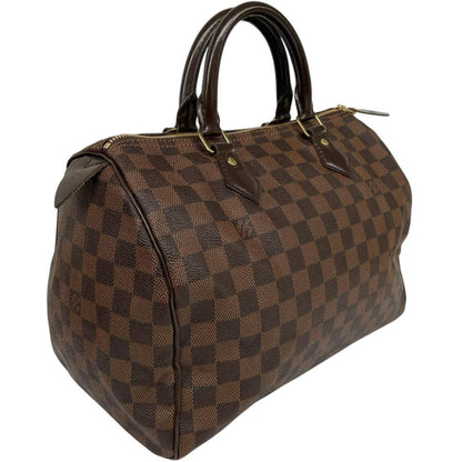 Louis Vuitton brown Damier Ebene canvas handbag with gold hardware and padlock detail.