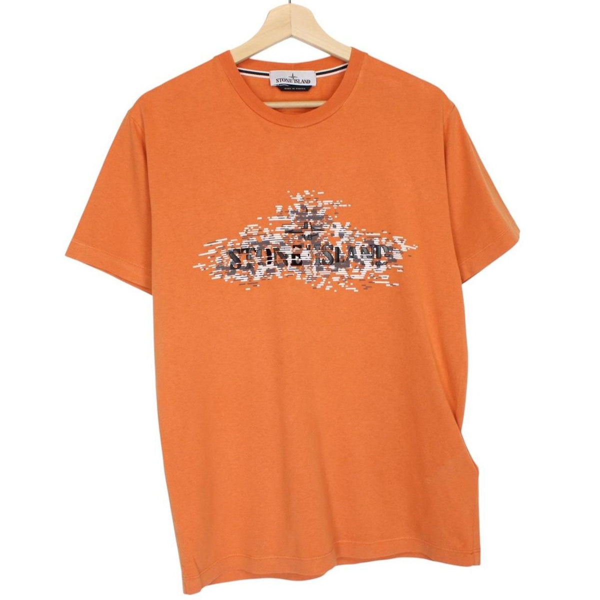 Stone Island orange short sleeve t-shirt with logo print and cotton material.