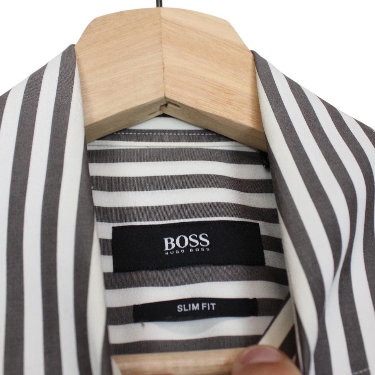 Hugo Boss Grey and White Striped Long Sleeve Cotton Shirt