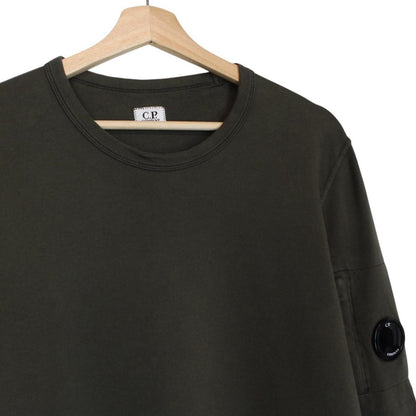 CP Company khaki green sweatshirt with goggle lens detail and cotton material.