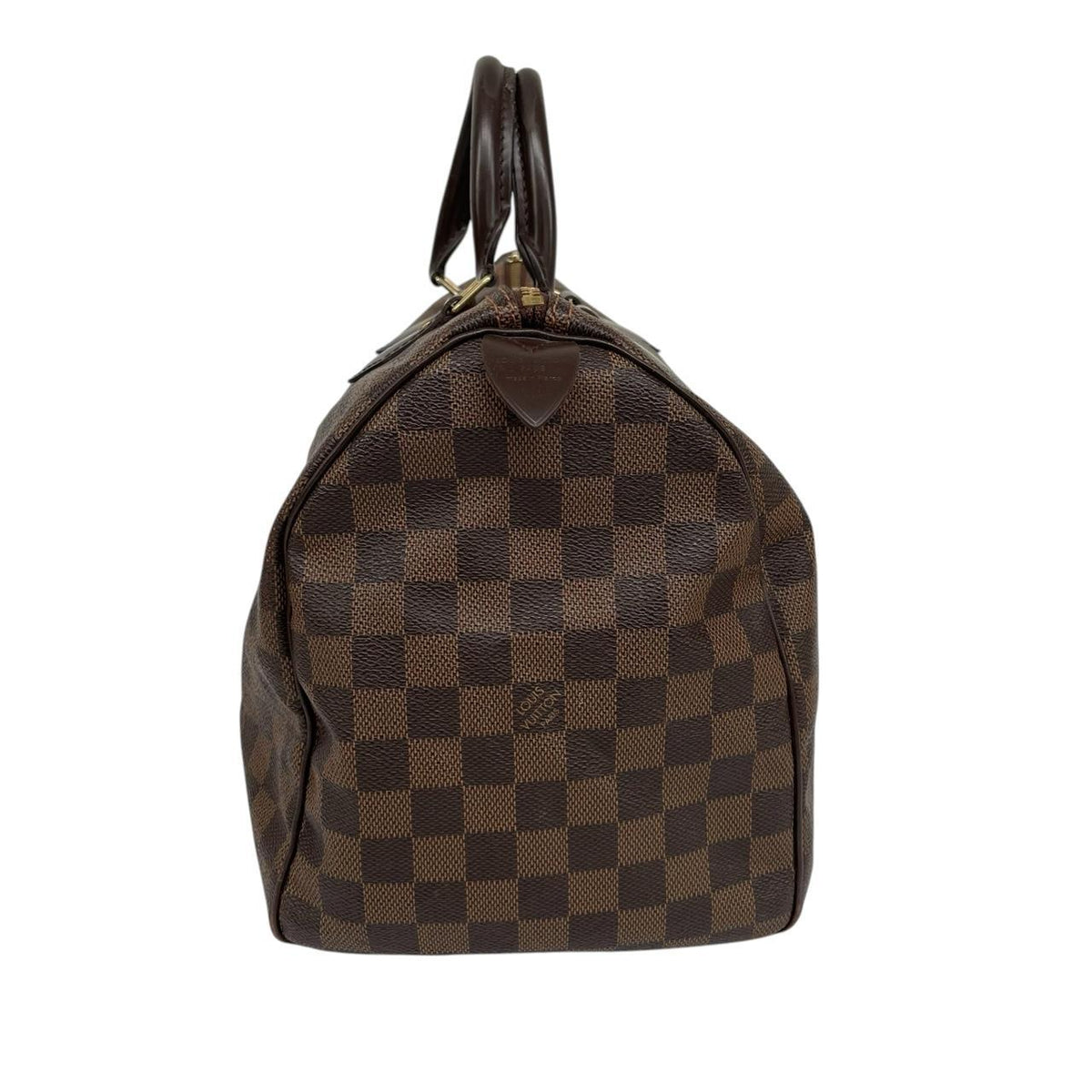 Louis Vuitton brown Damier Ebene canvas Speedy 35 bag with logo and gold-tone hardware.