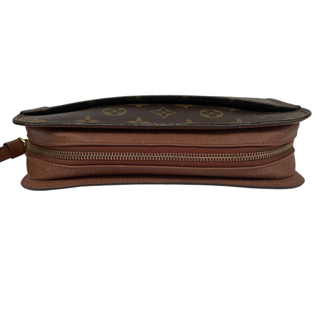 Louis Vuitton brown and tan monogram Orsay clutch bag with iconic logo pattern.