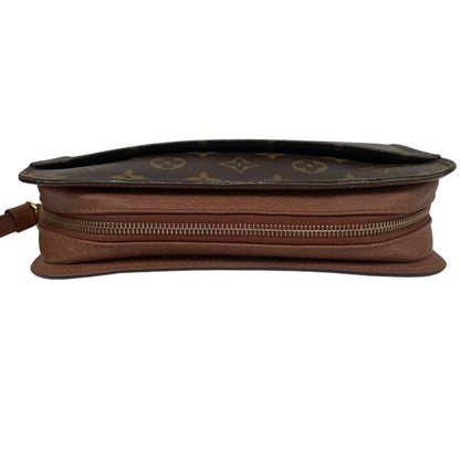 Louis Vuitton brown and tan monogram Orsay clutch bag with iconic logo pattern.