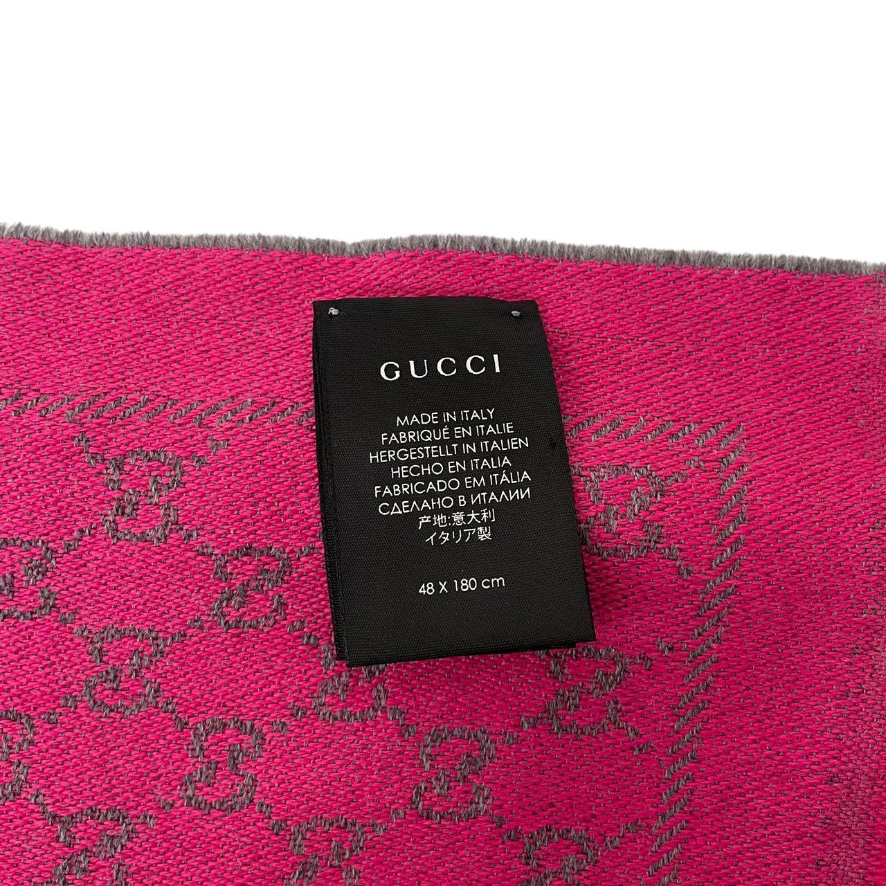 Gucci Grey and Pink GG Monogram Frayed Wool Scarf