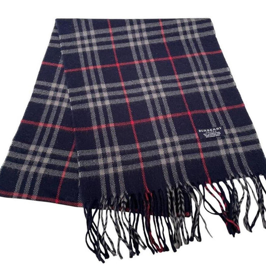 Vintage 90s Burberry Navy Blue Nova Check Lambswool Scarf