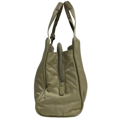 Prada green nylon duffel bag with logo detail and working lock and key.