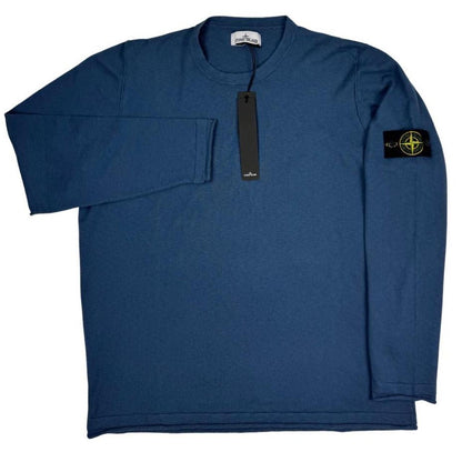 Stone Island blue organic cotton knit jumper with logo patch and ribbed detailing.