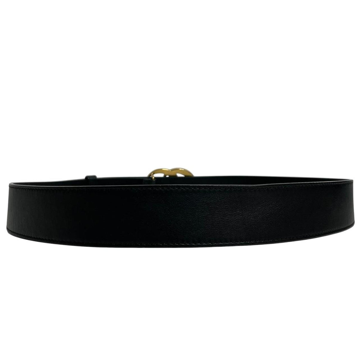 Gucci black leather Marmont belt with antique gold double G logo buckle.