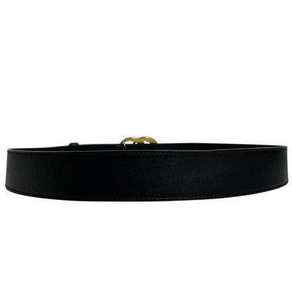 Gucci black leather Marmont belt with antique gold double G logo buckle.