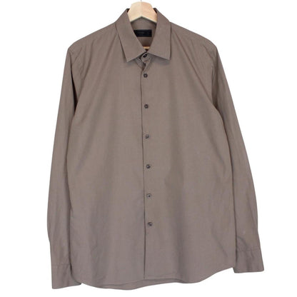 Prada brown long sleeve shirt with popeline stretch fabric and logo detail.