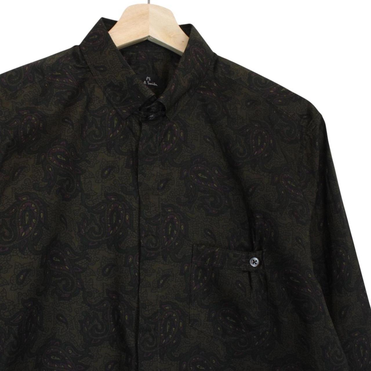 Paul Smith khaki green long sleeve shirt with paisley print and cotton material.