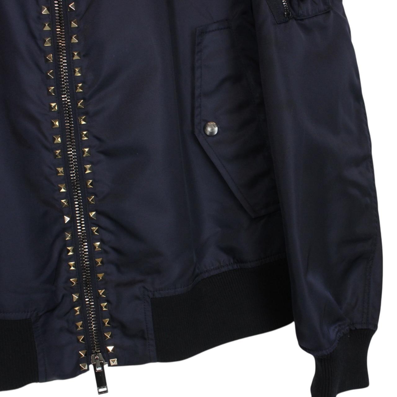 Valentino Navy Blue Rockstud Full Zip Nylon Bomber Jacket