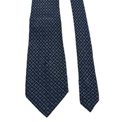 Fendi navy blue silk tie with Zucca monogram pattern and logo detail.