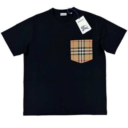 Burberry black cotton t-shirt with Nova Check pocket and logo detail.