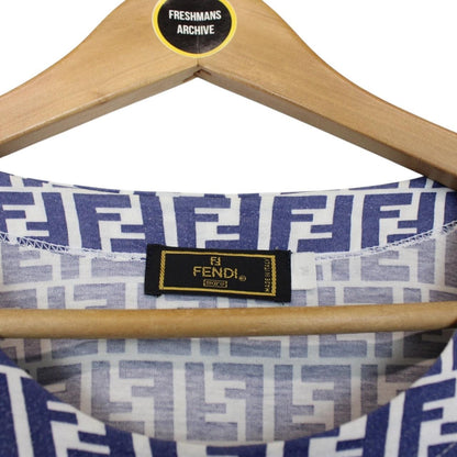 Vintage 90s Fendi Blue and White Zucca Monogram Cotton Short Sleeve T-Shirt