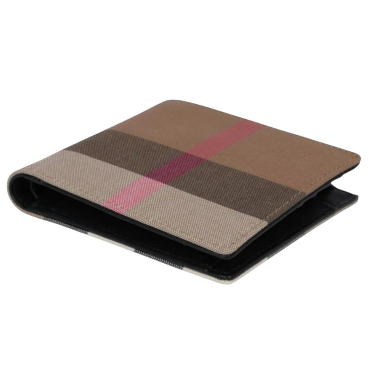 Burberry brown bifold wallet featuring iconic Nova Check pattern and coin pouch.