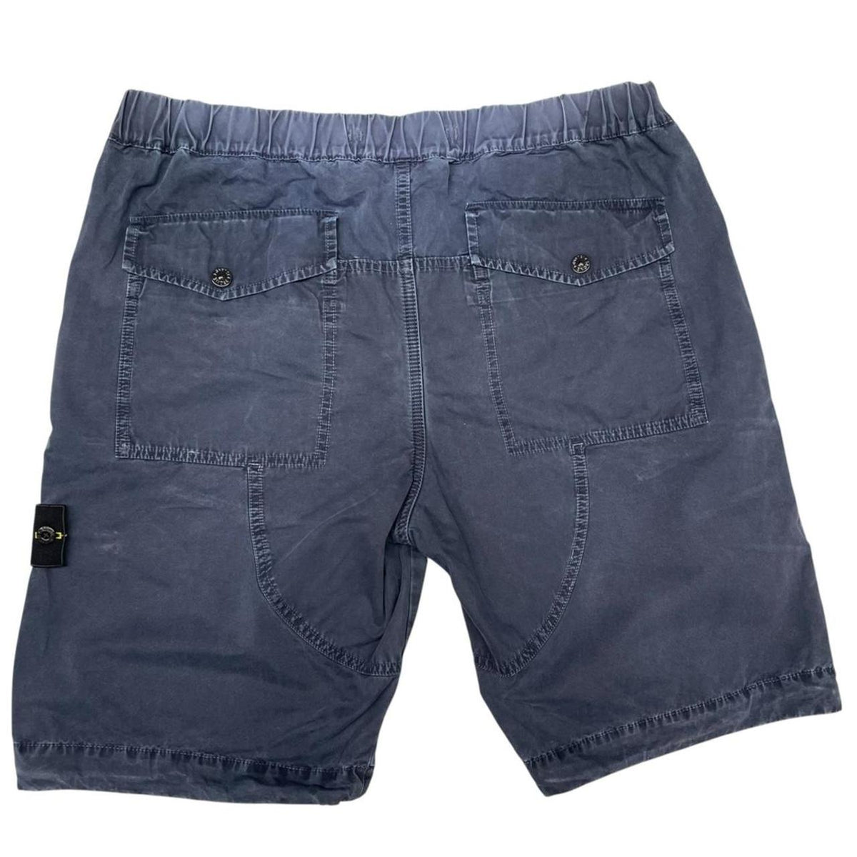 Stone Island navy blue cargo shorts with logo patch and cotton material.