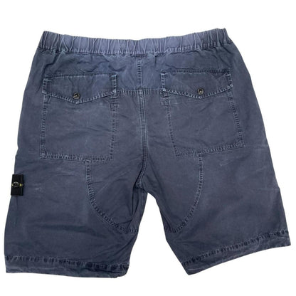 Stone Island navy blue cargo shorts with logo patch and cotton material.