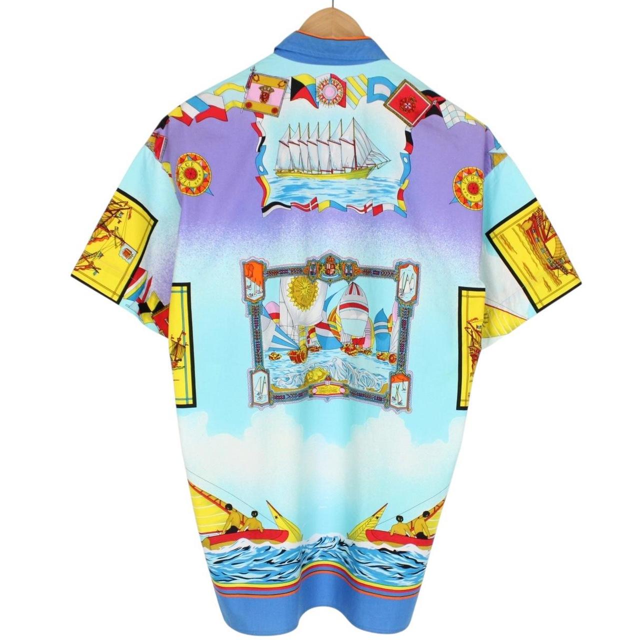 Vintage 90s Versace Sport Multicoloured Ships Print Short Sleeve Cotton Shirt