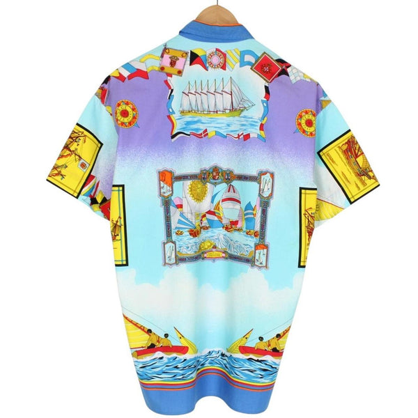 Vintage 90s Versace Sport Multicoloured Ships Print Short Sleeve Cotton Shirt