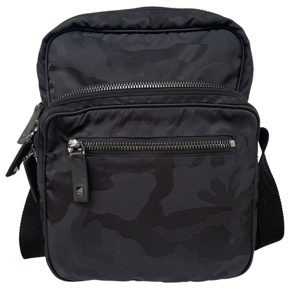 Valentino Garavani Black Camo Nylon Crossbody Messenger Bag
