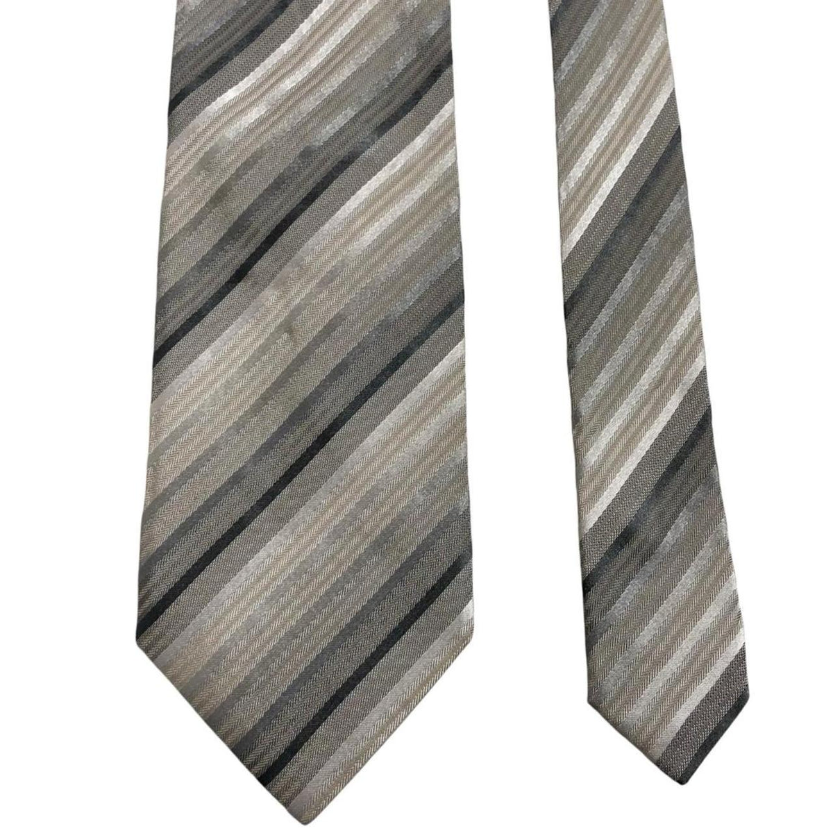 Giorgio Armani multicoloured striped silk tie featuring beige, black, brown, and grey stripes.
