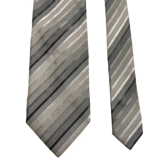 Giorgio Armani multicoloured striped silk tie featuring beige, black, brown, and grey stripes.