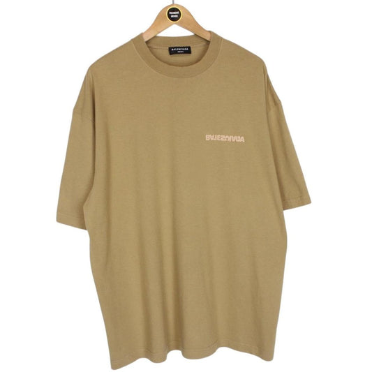 Balenciaga Tan Brown Reverse Logo Short Sleeve Cotton T-Shirt