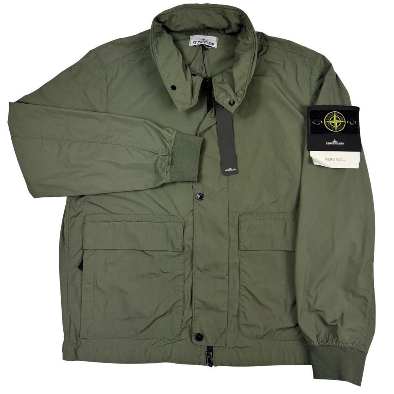 Stone Island green full zip micro twill jacket with removable woven brand patch.