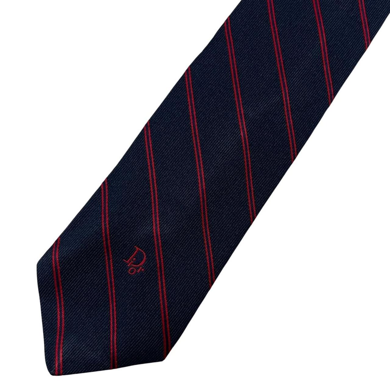 Christian Dior navy blue and red striped tie, silk/polyester blend, vintage design.