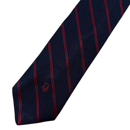 Christian Dior navy blue and red striped tie, silk/polyester blend, vintage design.