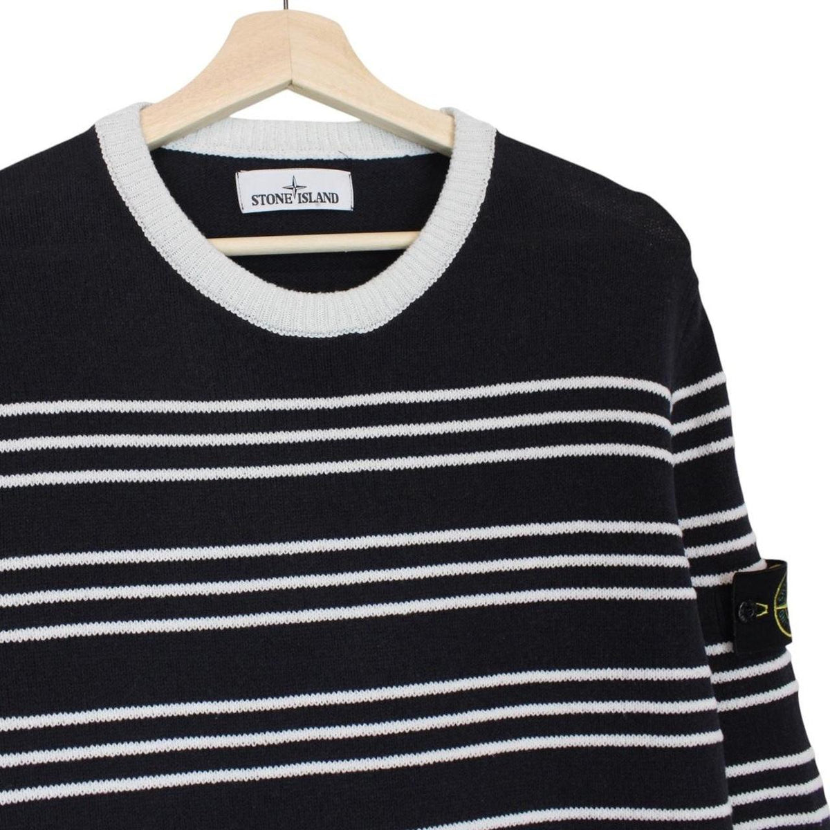 Stone Island navy blue and white striped cotton knit jumper with logo patch.