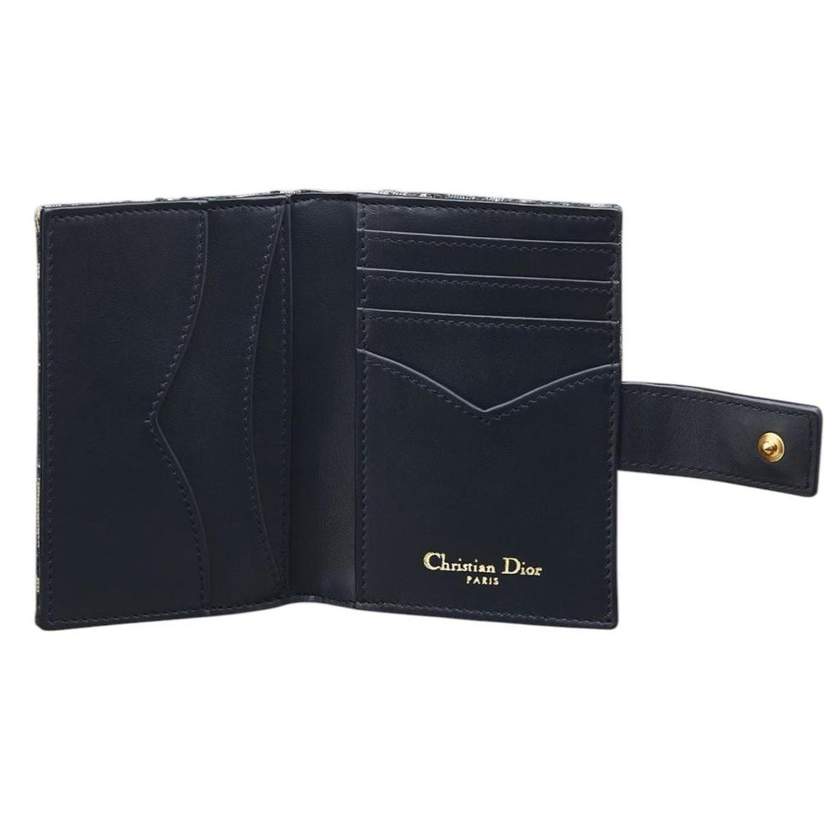 Dior blue card holder featuring Oblique jacquard pattern and dandelion design.