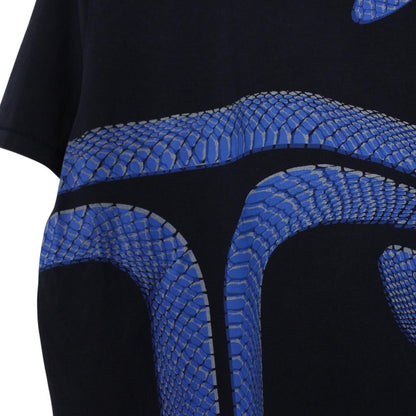 Just Cavalli navy blue cotton t-shirt with snake print and chest pocket detail.