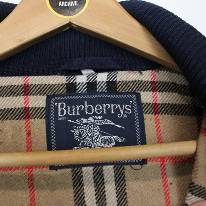 Vintage 90s Burberry Navy Blue Nova Check Lined Wool Harrington Jacket