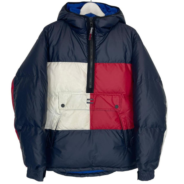 Tommy Hilfiger navy blue pullover jacket with 1/4 zip and hood, nylon material.