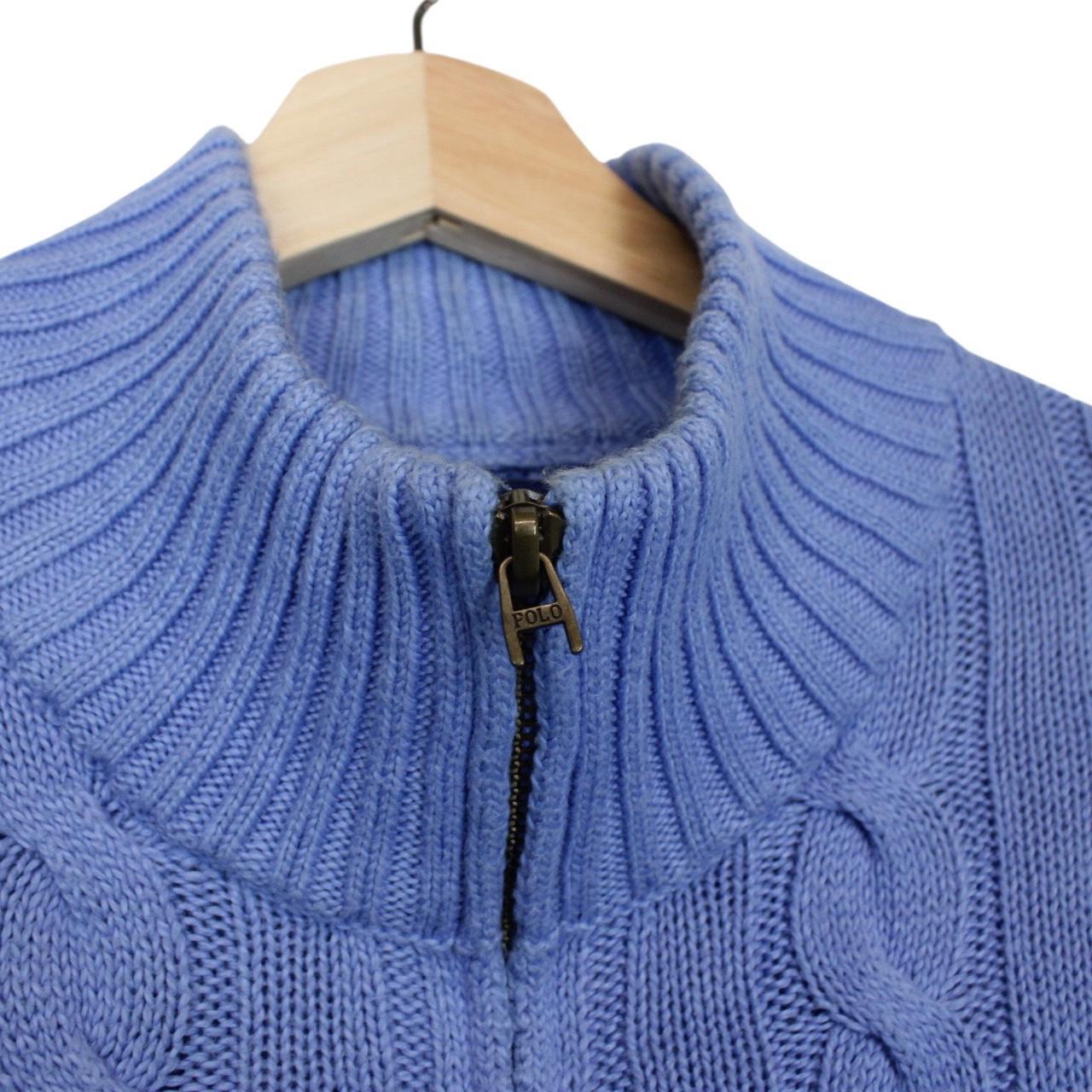Polo Ralph Lauren blue cotton cable knit jumper with 1/4 zip and embroidered logo.