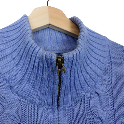 Polo Ralph Lauren blue cotton cable knit jumper with 1/4 zip and embroidered logo.