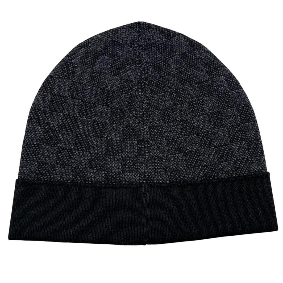 Louis Vuitton black and grey damier wool beanie with logo pattern.