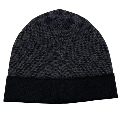 Louis Vuitton black and grey damier wool beanie with logo pattern.