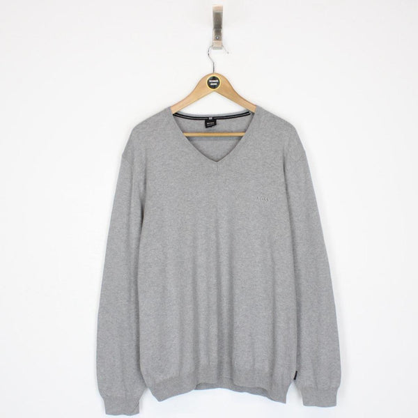 Hugo Boss Grey V-Neck Cotton Knit Jumper