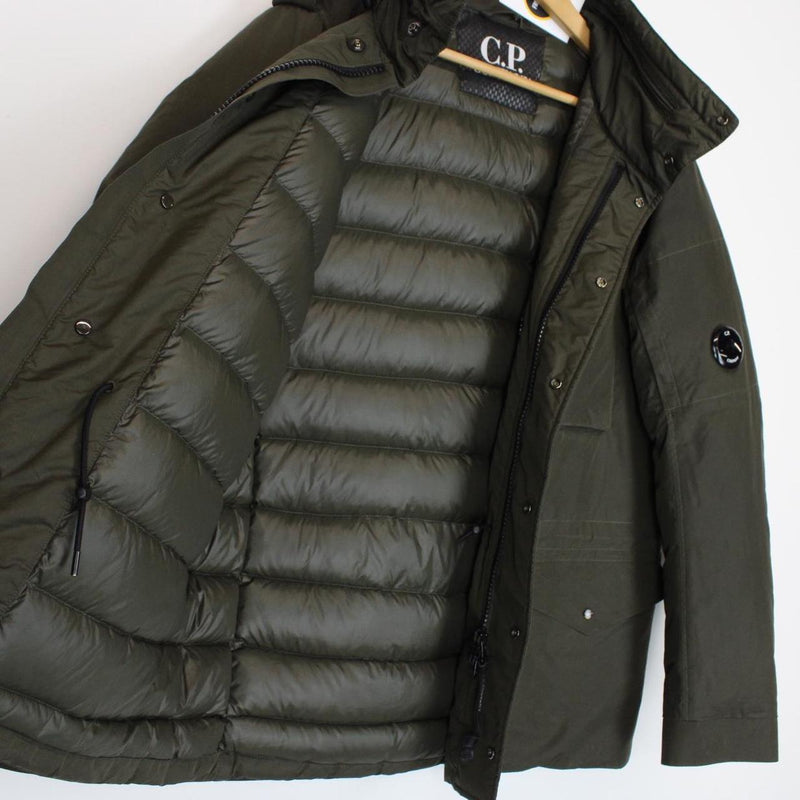 CP Company Khaki Green Micro-M Full Zip Lens Hooded Down Jacket
