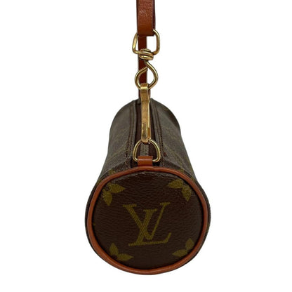 Louis Vuitton brown mini pochette bag with monogram canvas pattern and gold hardware.