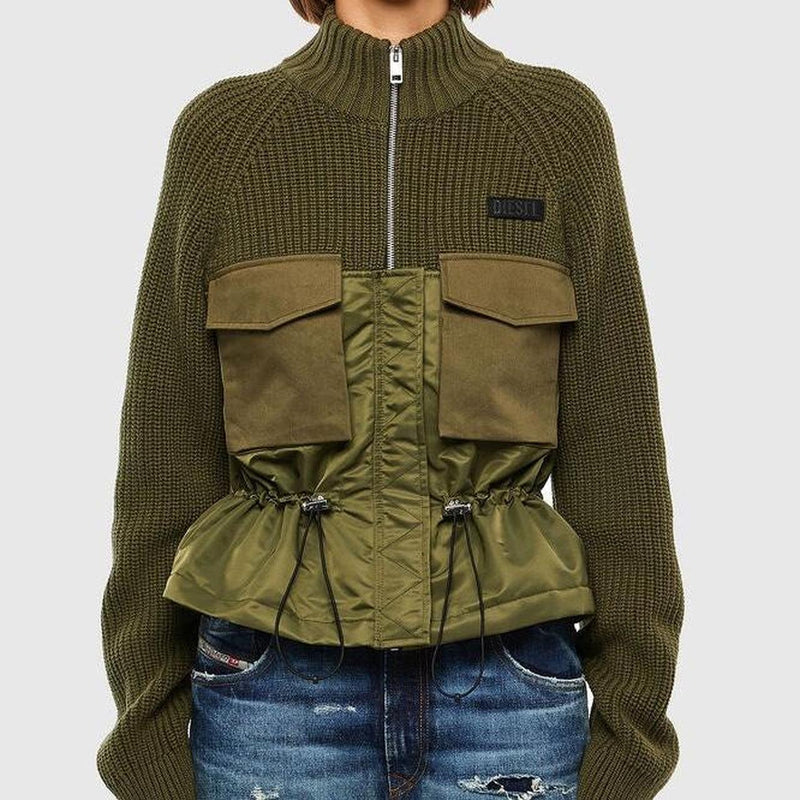 Diesel Green Wool Knit Full Zip Utlility Cardigan Jumper