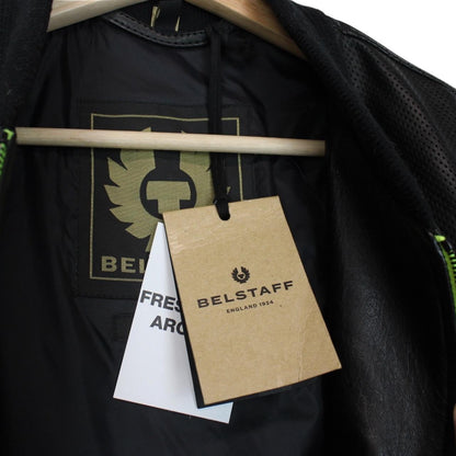 Belstaff black leather bomber jacket with full zip and logo details.