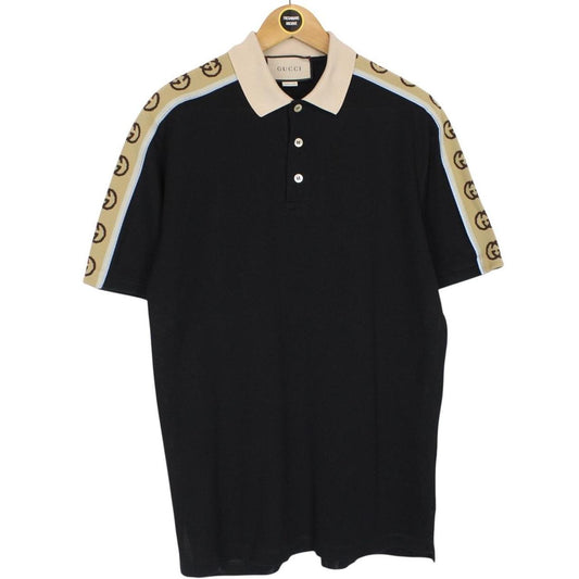 Gucci Black and Beige Interlocking G Stripe Short Sleeve Polo Shirt