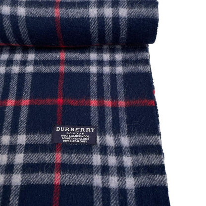 Vintage 90s Burberry Navy Blue Nova Check Lambswool Scarf