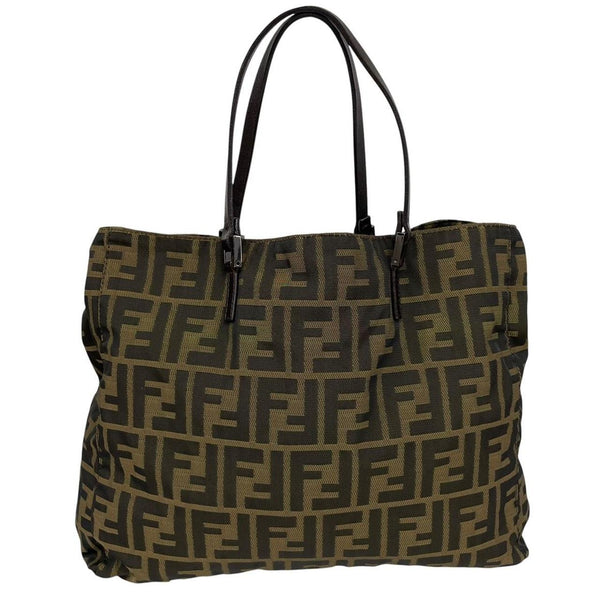Fendi brown duffel bag featuring iconic Zucca monogram canvas and leather handles.