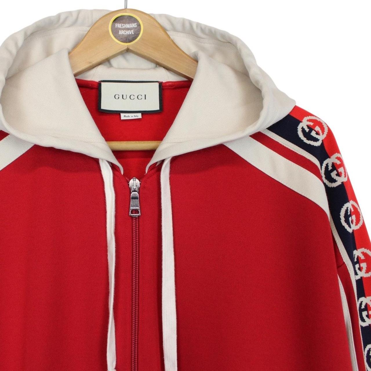 Gucci Red and Cream Taped Logo Full Zip Tech Jersey Hoodie Jumper
